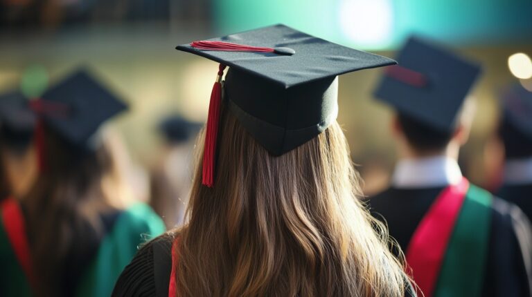 Graduation scene from behind, with the focus on a graduate wearing a black graduation cap (mortarboard) with a red tassel. The person's long, light brown or blonde hair flows down their back, and they are surrounded by other graduates, some of whom are slightly blurred in the background. The lighting is soft, suggesting an indoor or large event space with natural or soft artificial lighting