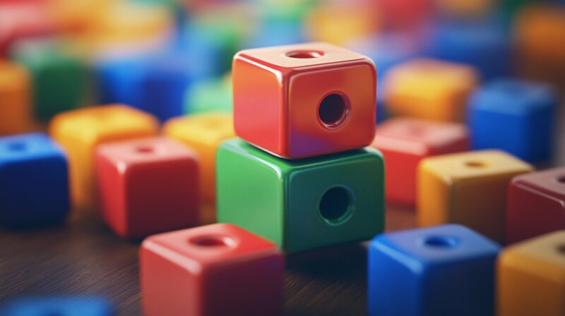 A close-up of colorful plastic cubes stacked on top of each other, with holes in the center of each block. The vibrant colors—red, green, yellow, and blue—create a playful and engaging atmosphere, suggesting the blocks are part of a fun learning game.