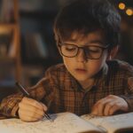 child with glasses is writing in a notebook under a warm lamp light, deeply engaged in solving math problems, showcasing the box method for factoring