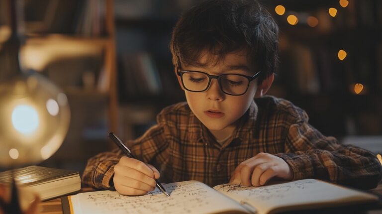 child with glasses is writing in a notebook under a warm lamp light, deeply engaged in solving math problems, showcasing the box method for factoring