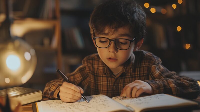 child with glasses is writing in a notebook under a warm lamp light, deeply engaged in solving math problems, showcasing the box method for factoring