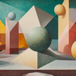 abstract painting featuring geometric shapes, including spheres and pyramids, in various colors, set against a textured background, symbolizing the properties of reflexive, symmetric, and transitive relations in geometry