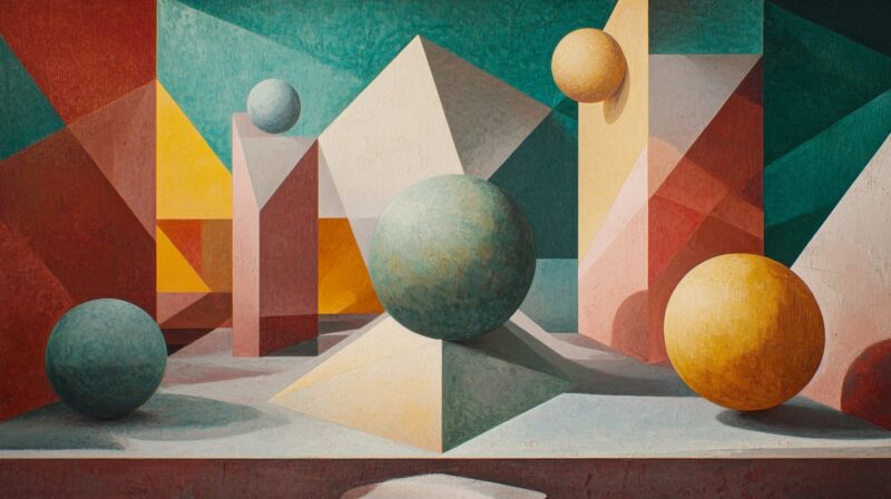 abstract painting featuring geometric shapes, including spheres and pyramids, in various colors, set against a textured background, symbolizing the properties of reflexive, symmetric, and transitive relations in geometry