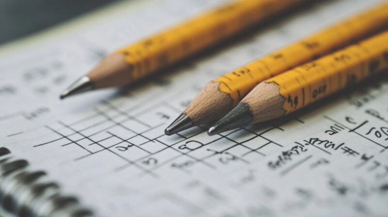 Close-up of three sharpened pencils resting on graph paper filled with mathematical equations and grids