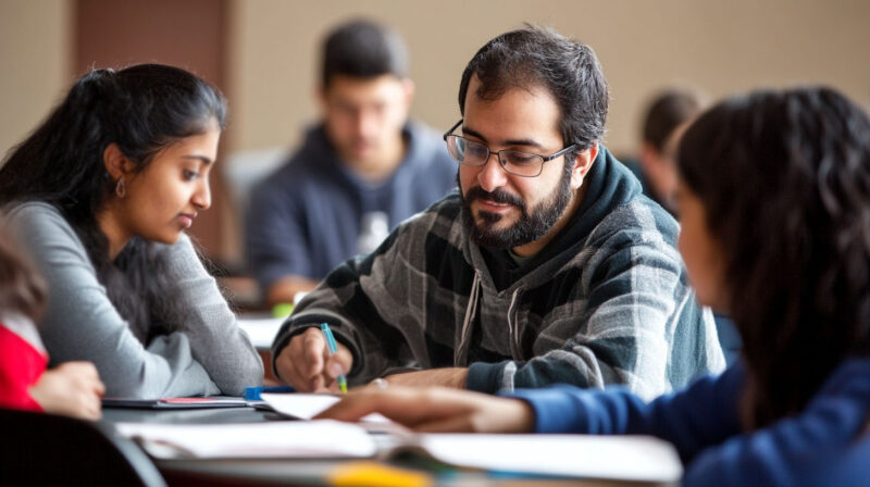 A group of college students sitting together, discussing and working on math problems in a collaborative classroom environment