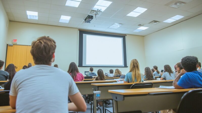 classroom with students sitting at desks, facing a projection screen in a lecture setting