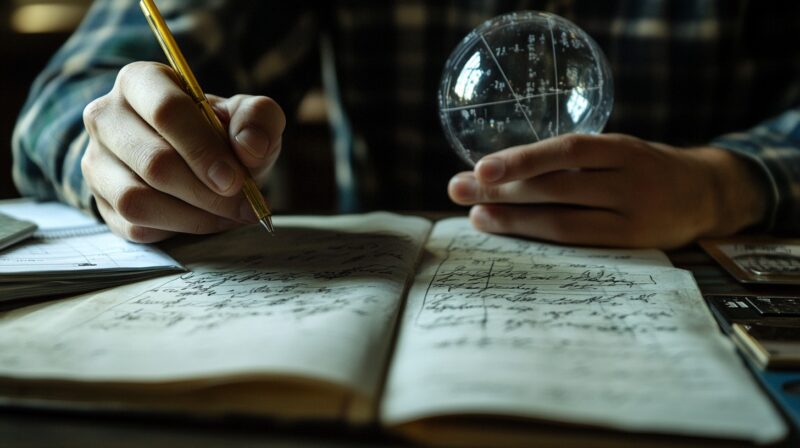 Close-up of a person's hand writing in a notebook while holding a transparent globe etched with mathematical equations