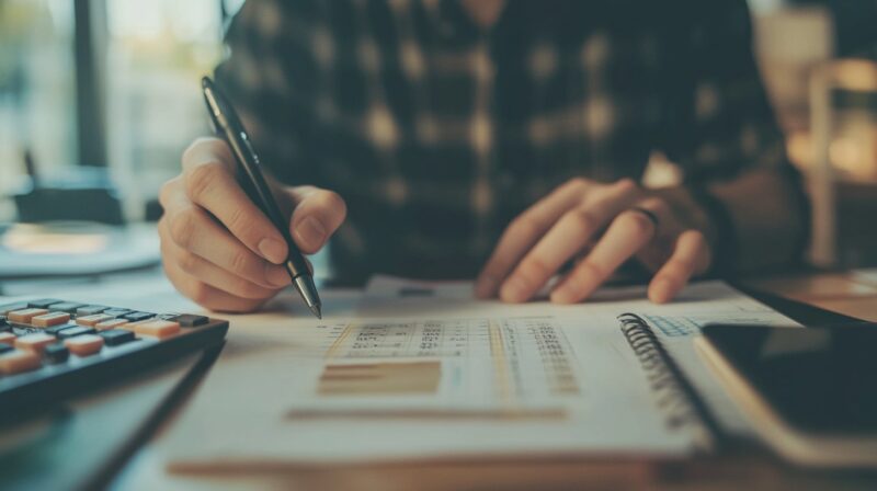 Close-up of a person writing on a sheet of calculations with a pen, with a calculator and notebook nearby