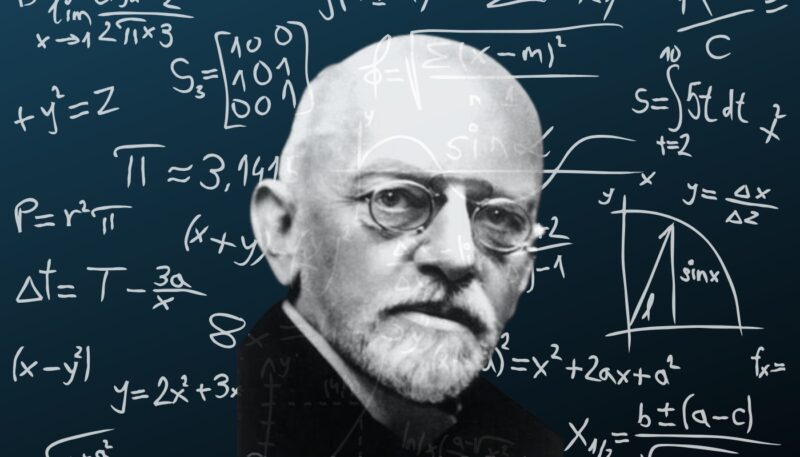 A portrait of David Hilbert overlaid with complex mathematical equations and formulas on a chalkboard background