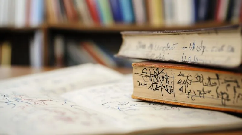 A close-up of old math books and handwritten notes with formulas, resting on a library desk