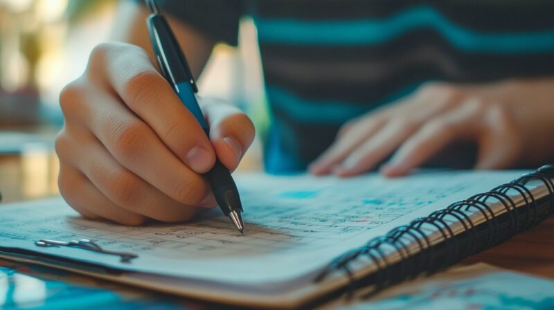 Close-up of a hand writing mathematical equations in a notebook, symbolizing the complexity of the Navier-Stokes problem in fluid dynamics