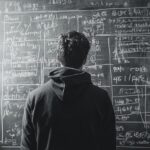 A person in a hoodie standing before a chalkboard filled with complex mathematical equations and diagrams