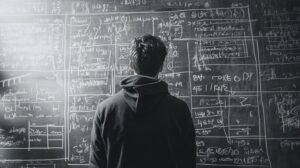 A person in a hoodie standing before a chalkboard filled with complex mathematical equations and diagrams