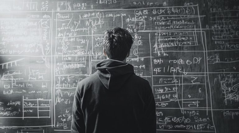 A person in a hoodie standing before a chalkboard filled with complex mathematical equations and diagrams