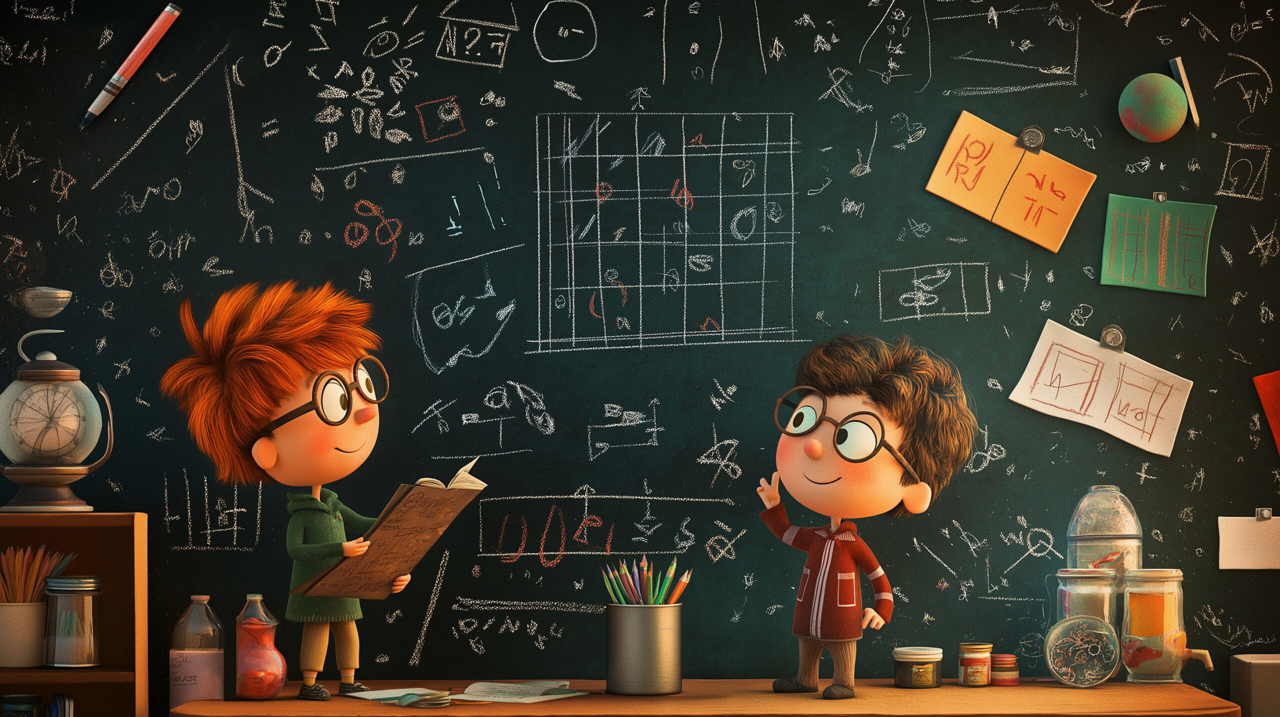 Two animated children wearing glasses standing in front of a chalkboard filled with colorful equations, charts, and sketches, discussing math with excitement