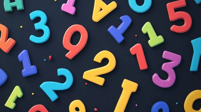 A colorful collection of 3D numbers scattered on a dark background, including bright red, blue, yellow, green, and purple digits