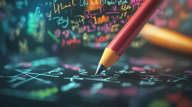 A close-up of a sharpened red pencil writing mathematical equations and symbols in vibrant colors on a dark chalkboard