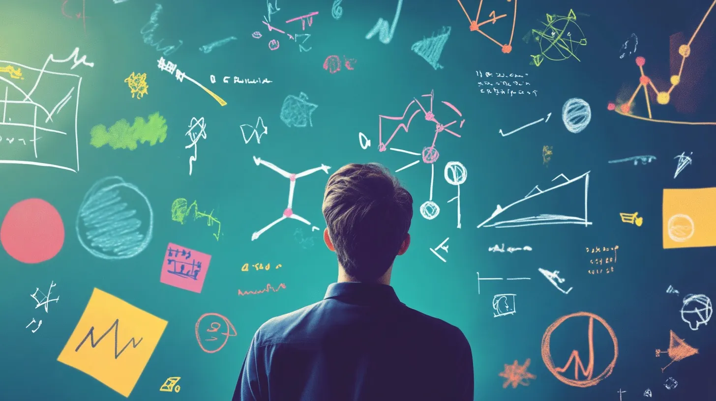 A young man stands in front of a chalkboard filled with colorful mathematical equations, graphs, and scientific diagrams, deep in thought