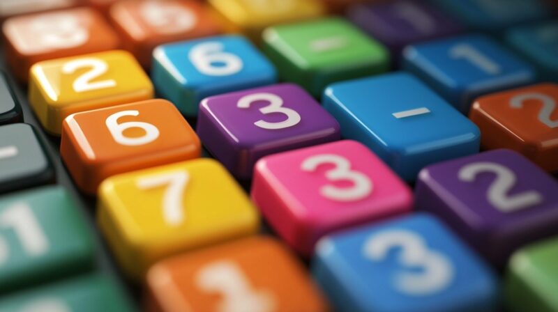 A close-up of colorful calculator keys with numbers and mathematical symbols, creating a vibrant and playful look