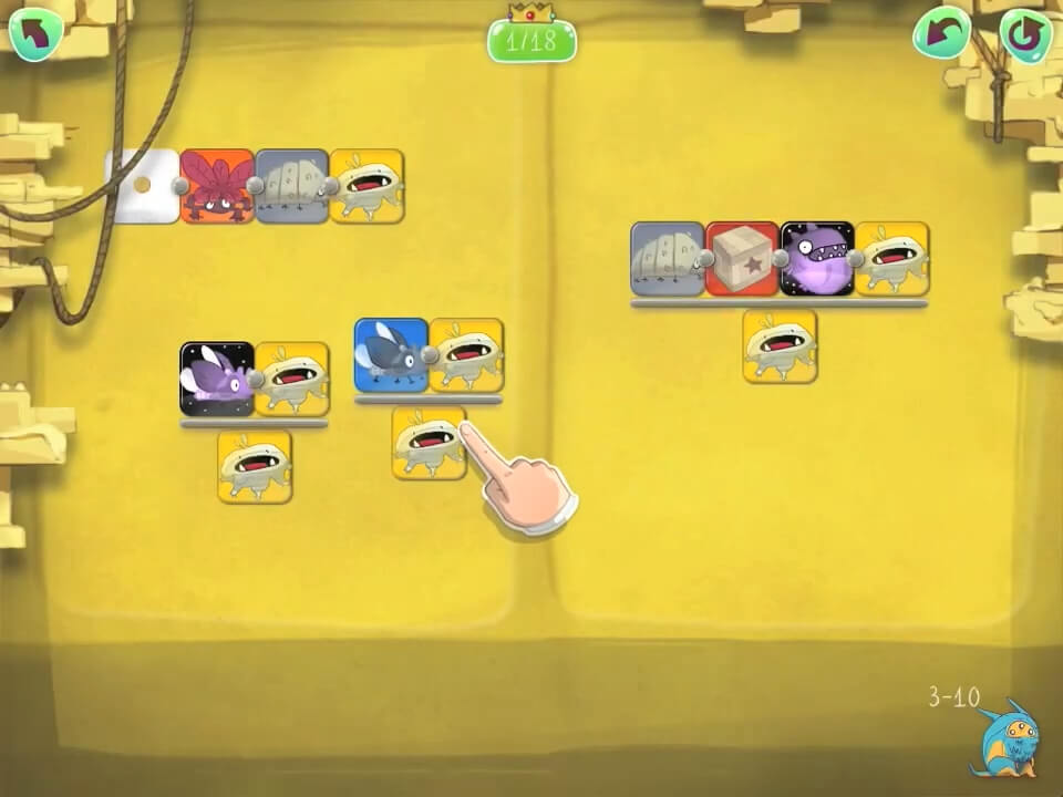 A screenshot of an interactive math puzzle game, DragonBox, featuring colorful animated characters and number-based logic