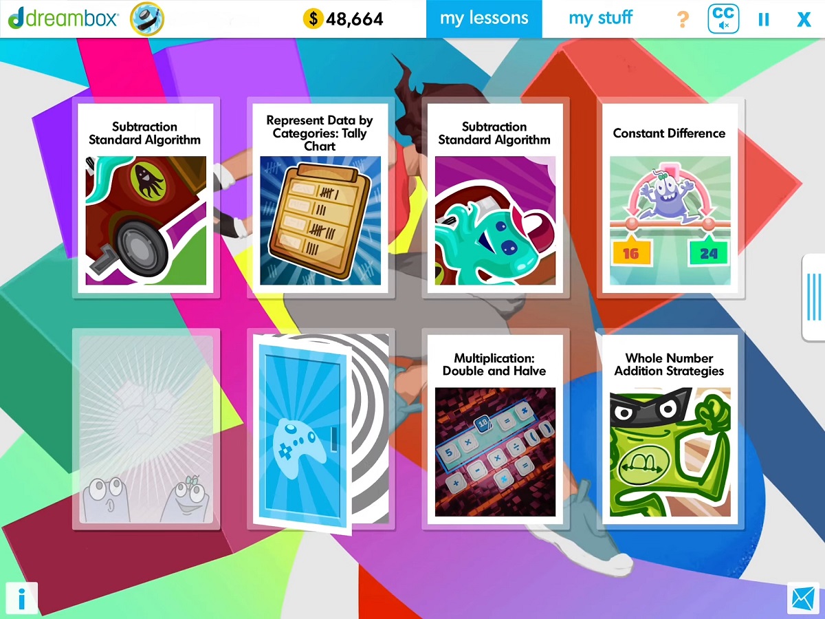 A screenshot of the DreamBox educational video game, displaying various math-related activities and interactive lessons