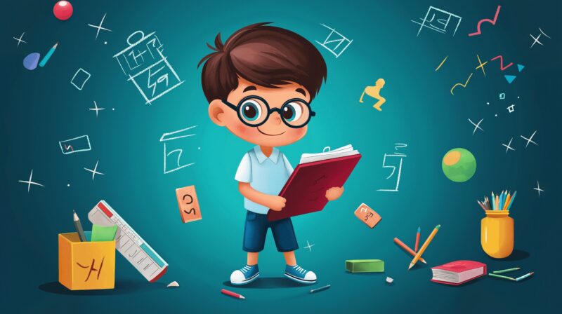 A cheerful cartoon-style illustration of a young boy with glasses, holding a red book, surrounded by floating math symbols, pencils, and school supplies on a teal background