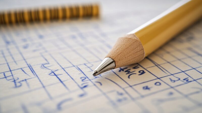 A close-up of a yellow mechanical pencil resting on graph paper filled with handwritten mathematical equations and calculations