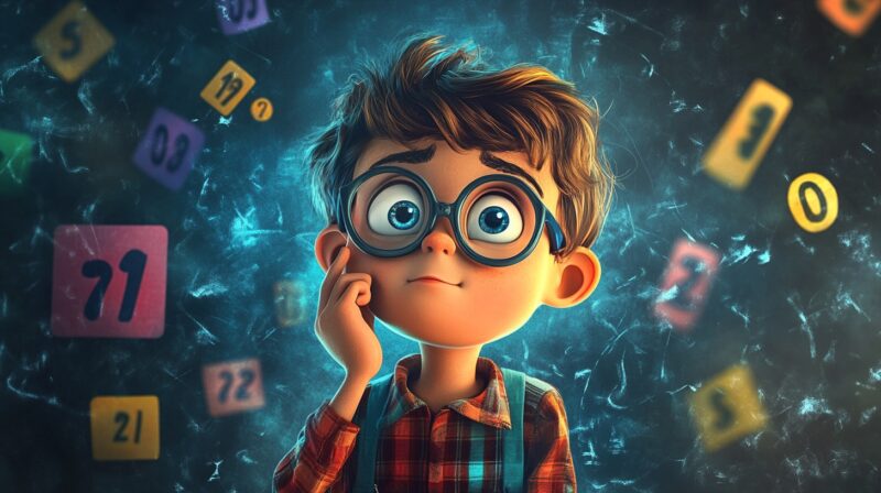 A digitally illustrated boy with large glasses and a plaid shirt looks deep in thought, surrounded by floating numbers on a glowing, abstract background