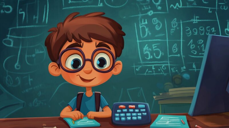 A cheerful cartoon boy with large glasses sits at a desk with a notebook and a calculator, surrounded by mathematical equations on a chalkboard in the background