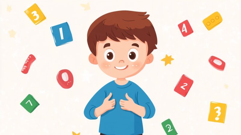 A cheerful cartoon-style illustration of a smiling young boy in a blue shirt, surrounded by colorful floating numbers and shapes on a light background