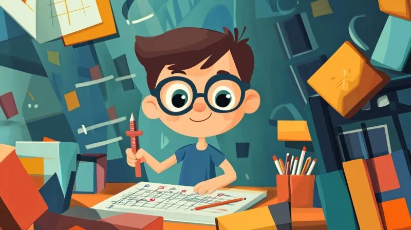 A cartoon-style illustration of a young boy with glasses, holding a pencil while solving math problems on a graph paper, surrounded by books, stationery, and floating geometric shapes