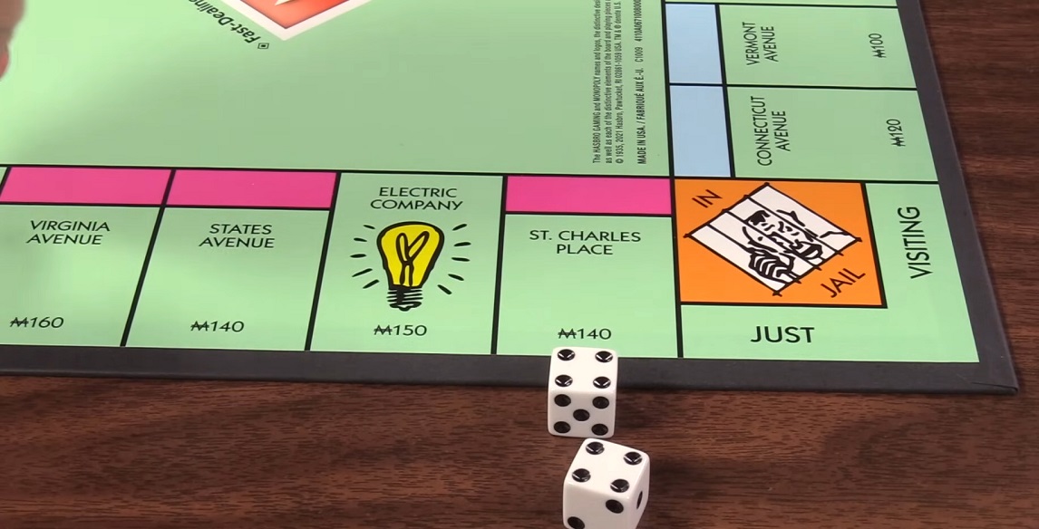 A close-up of a Monopoly game board with two dice, highlighting spaces like the Electric Company and St. Charles Place