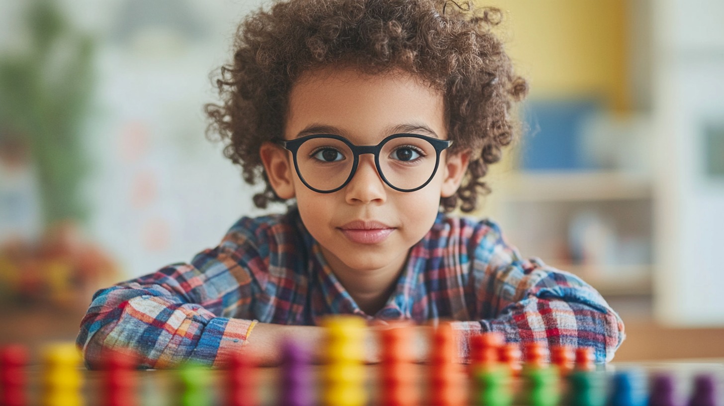 A young child wearing glasses and a plaid shirt sits at a table with colorful counting beads, looking curious and engaged