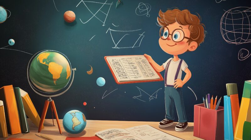 A cartoon-style illustration of a young boy with glasses holding a clipboard, standing in front of a chalkboard filled with space and math-related doodles, with globes, books, and pencils around him