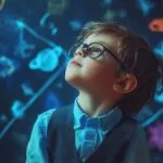 A young boy wearing glasses gazes upward in curiosity, with colorful drawings of space and planets on a dark background