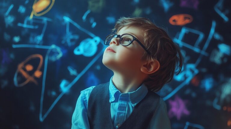 A young boy wearing glasses gazes upward in curiosity, with colorful drawings of space and planets on a dark background