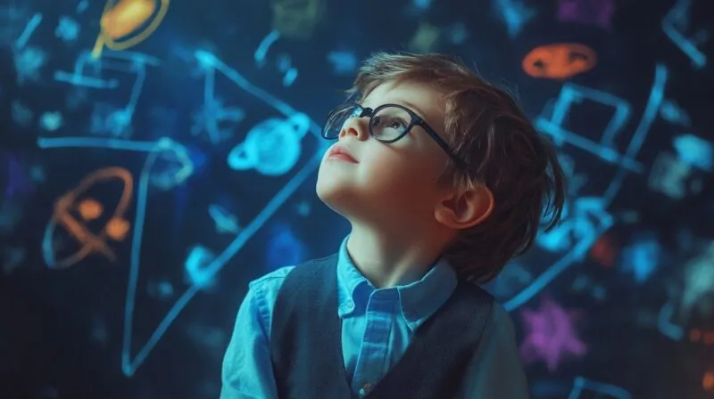 A young boy wearing glasses gazes upward in curiosity, with colorful drawings of space and planets on a dark background