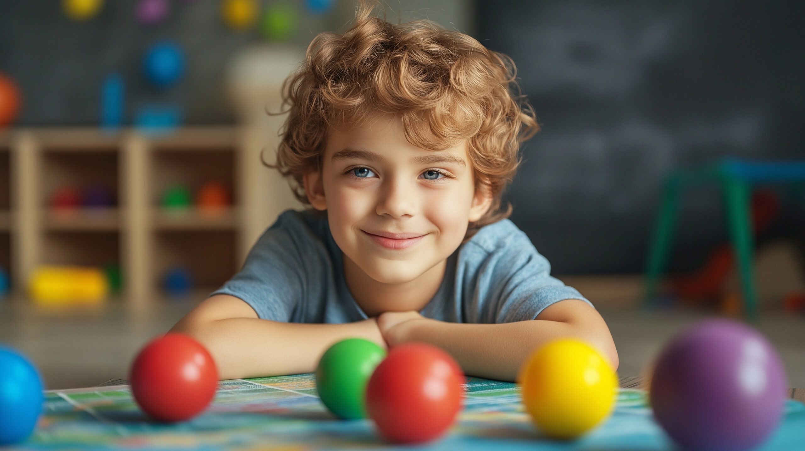 A smiling young boy with curly hair and blue eyes leans on a table with colorful balls in front of him in a classroom setting