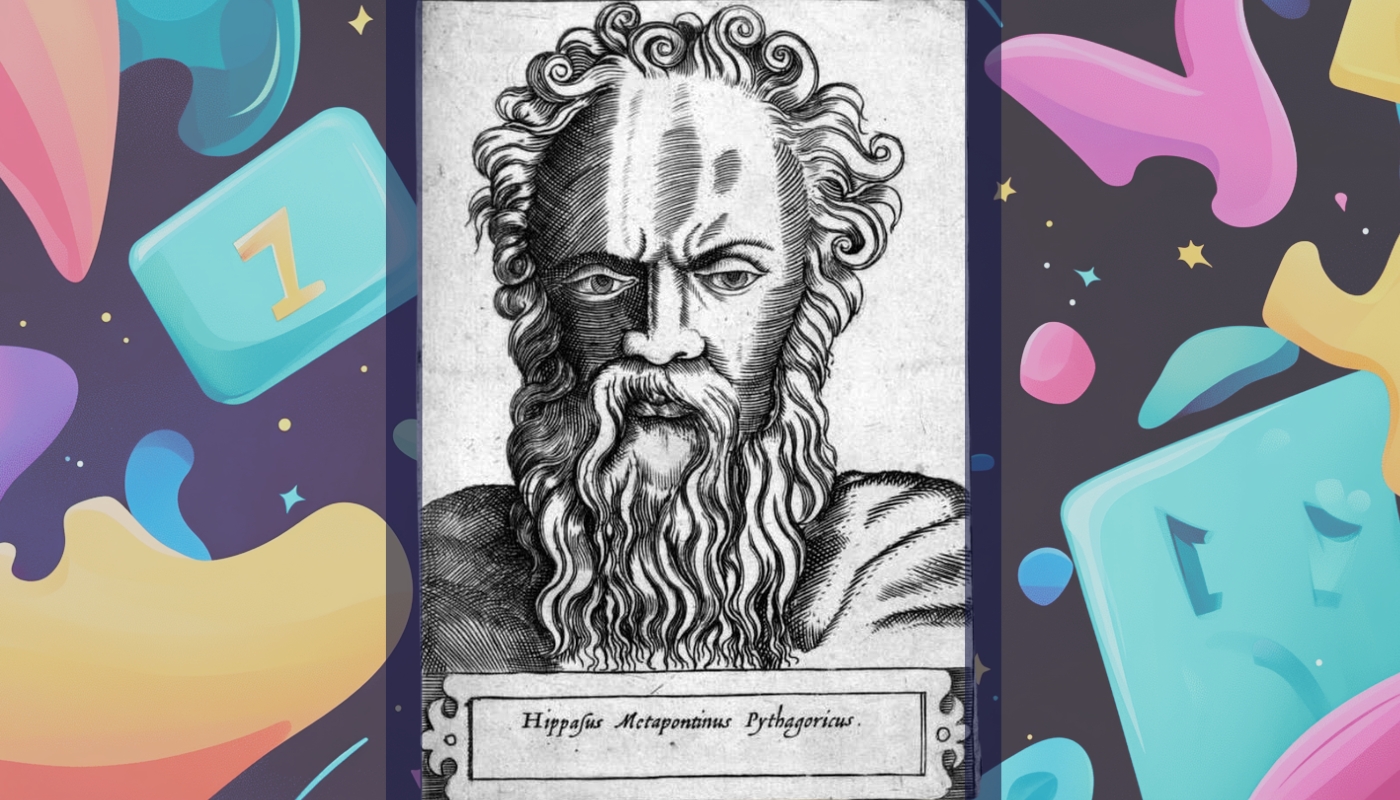 A black-and-white engraving of Hippasus, an ancient Greek mathematician, with curly hair and a long beard, surrounded by colorful math-themed graphics