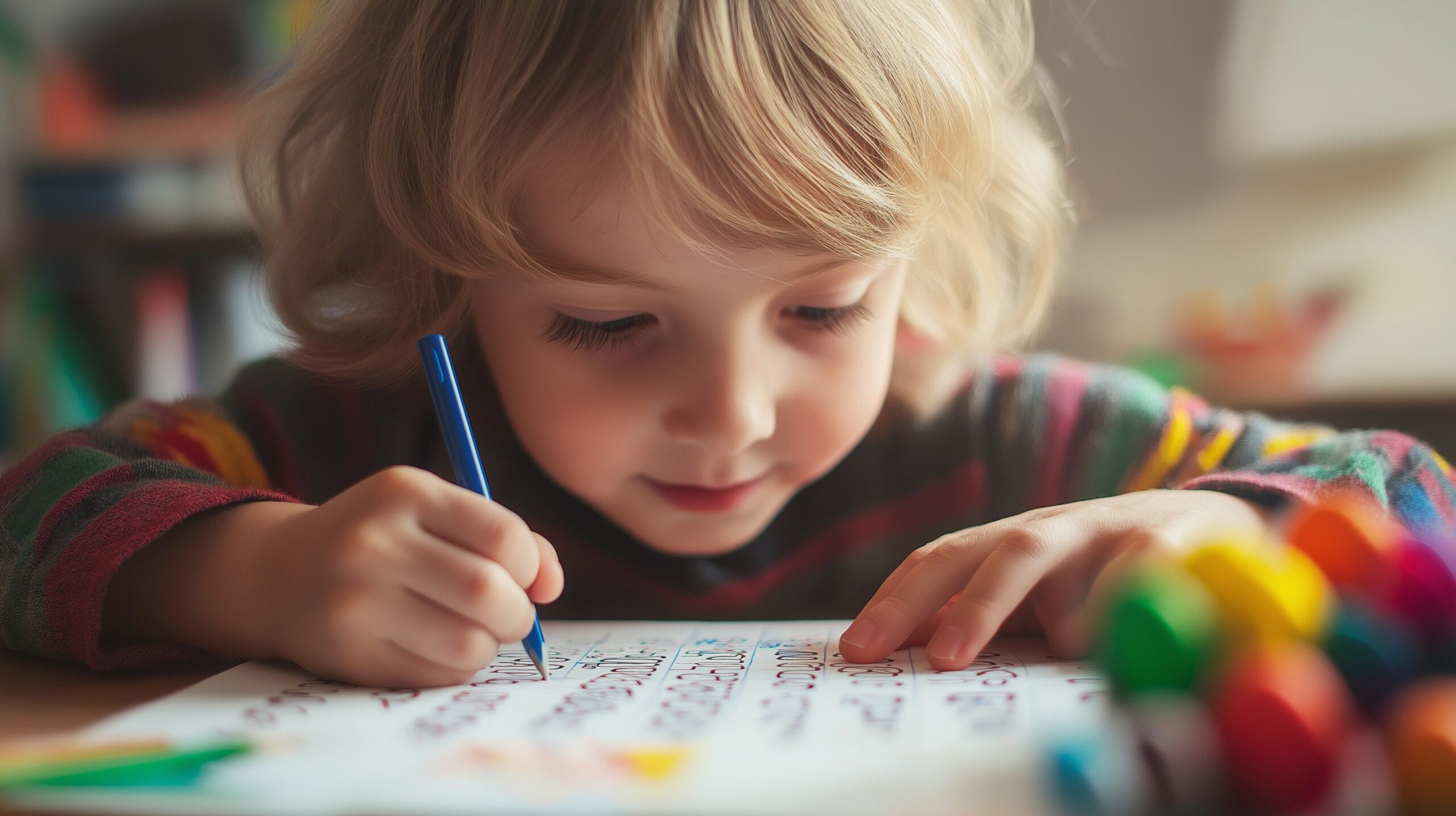 A young child with blonde hair and a colorful striped sweater writing with a blue pencil on a worksheet, with colorful crayons in the foreground