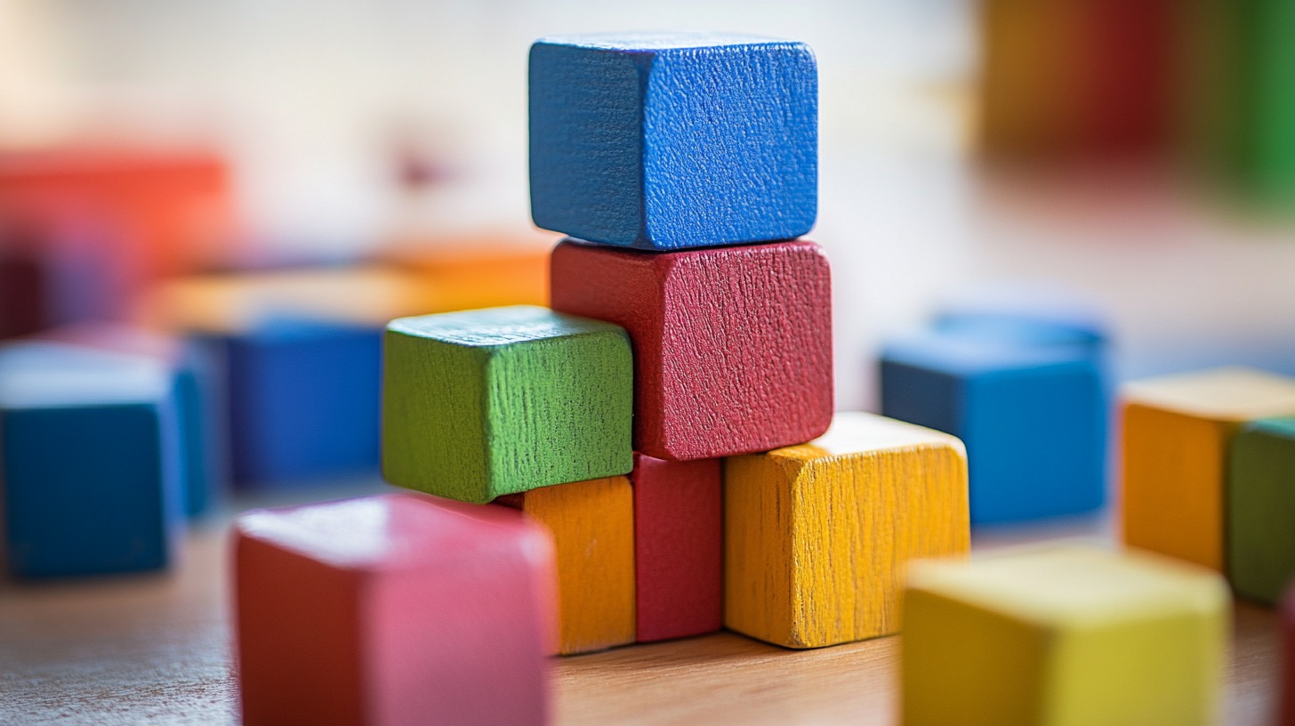 Close-up of colorful wooden blocks stacked together on a table, with more scattered in the background