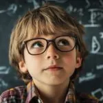 A young boy with glasses looking up thoughtfully in front of a blackboard filled with mathematical equations and diagrams