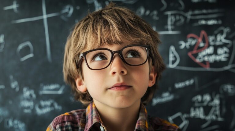 A young boy with glasses looking up thoughtfully in front of a blackboard filled with mathematical equations and diagrams