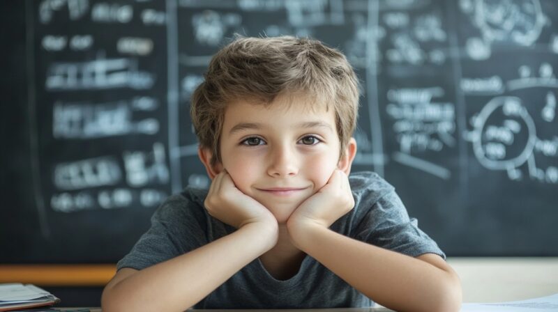 A young boy with short brown hair and a gray t-shirt rests his chin on his hands, smiling confidently in front of a chalkboard filled with math equations