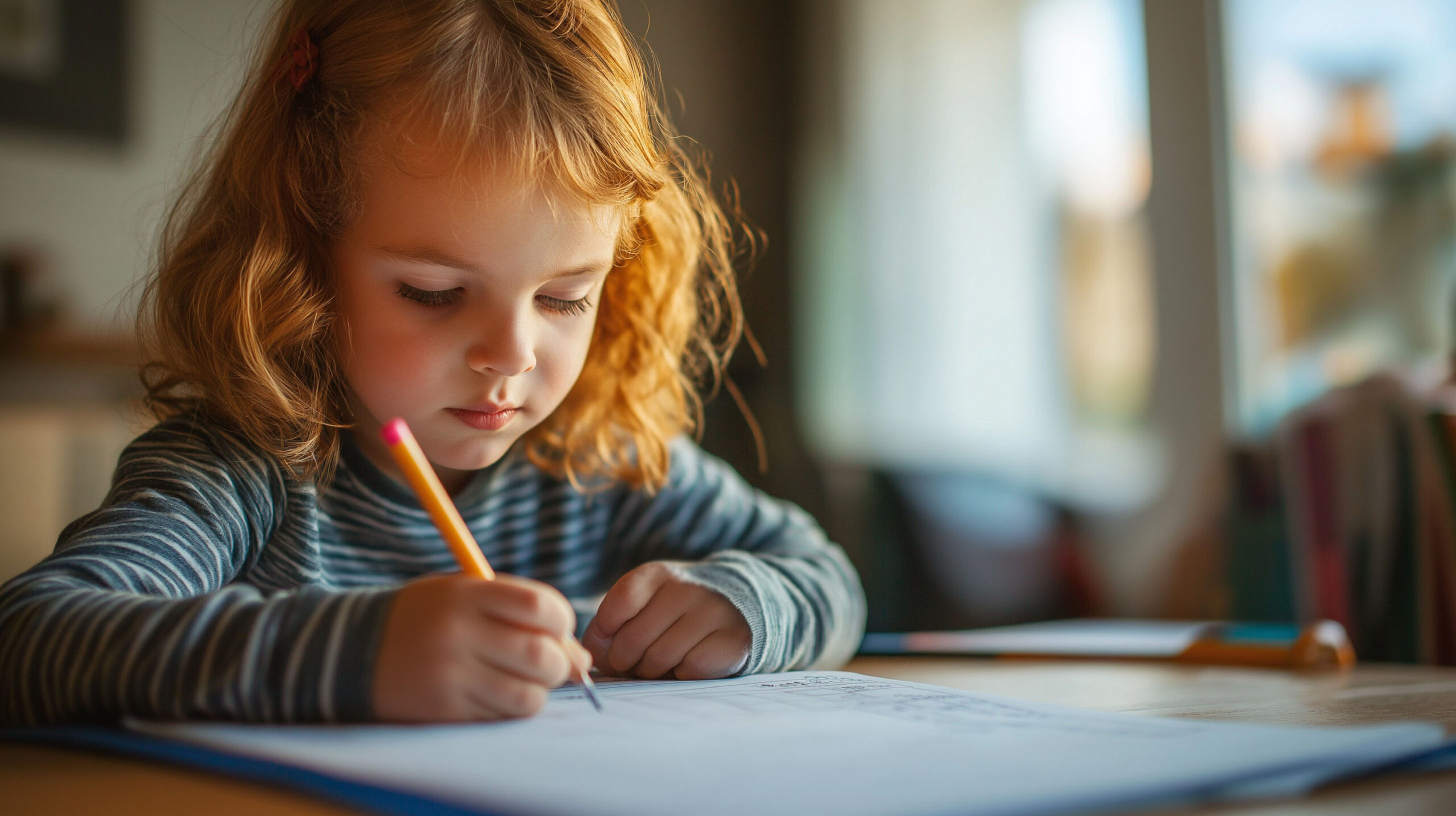 A young girl with curly red hair wearing a striped long-sleeve shirt, concentrating as she writes with a pencil on a sheet of paper at a wooden table